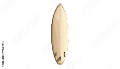 Overhead shot of a long, light brown surfboard with three black fins against a stark black backdrop