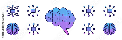 Artificial intelligence integration and node icon set – Suitable for system architecture, IT consulting, or tech manuals.