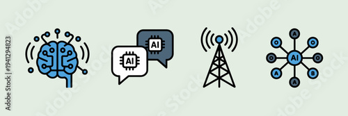 AI chip and speech bubble icon collection – Great for chatbot interfaces, communication apps, or tech UI.