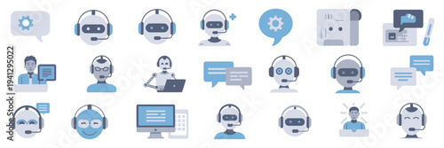 Support AI and chatbot communication icons – Suitable for enterprise software, tech branding, or IT services.