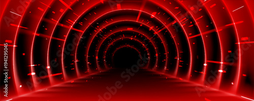 Neon red arch tunnel with fast speed motion effect. Vector realistic illustration of futuristic corridor perspective with glowing LED lights, communication technology, abstract laser illuminated space