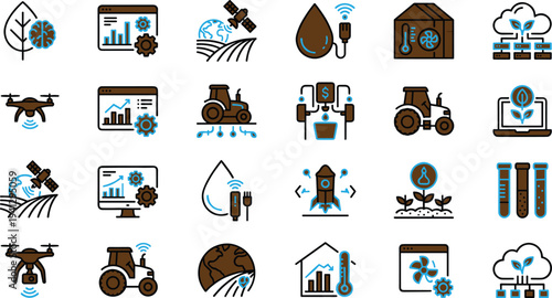 Smart agriculture technology icon set featuring drone monitoring analytics dashboards irrigation sensors tractors satellite mapping and crop science