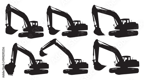 Excavator Silhouettes Various Poses Black Simple Isolated White Background Construction Equipment