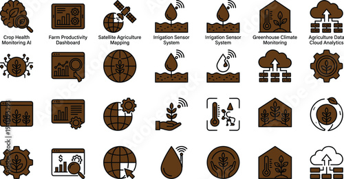 Smart agriculture analytics icon set featuring crop health monitoring satellite mapping irrigation sensors greenhouse climate and farm productivity dashboards