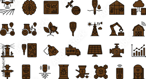 Smart agriculture technology icon set featuring drone monitoring sensors satellite analytics robotics irrigation automation and precision farming