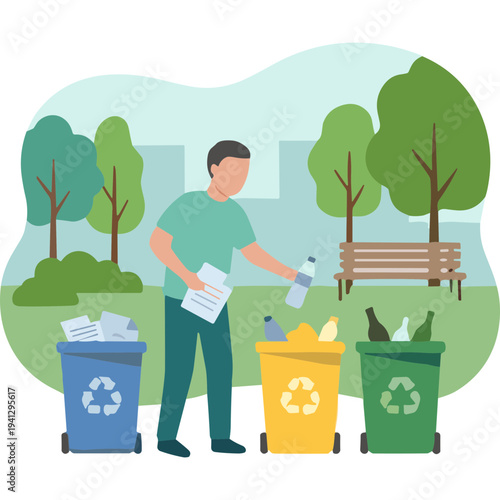 Man sorts recyclable materials into color-coded bins in a park