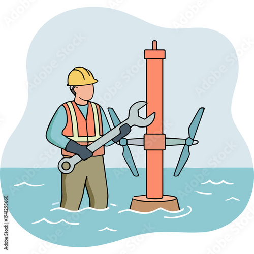A worker in a hard hat repairs an offshore wind turbine in the ocean with a large wrench.