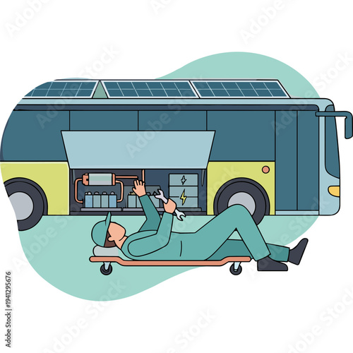 Mechanic repairing solar panels on a bus using tools on a creeper