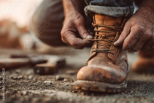 Close-up of hands tying brown leather work boot laces on a kneeling construction worker