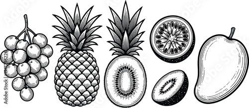 Set of 6 fruit icons vector, black and white