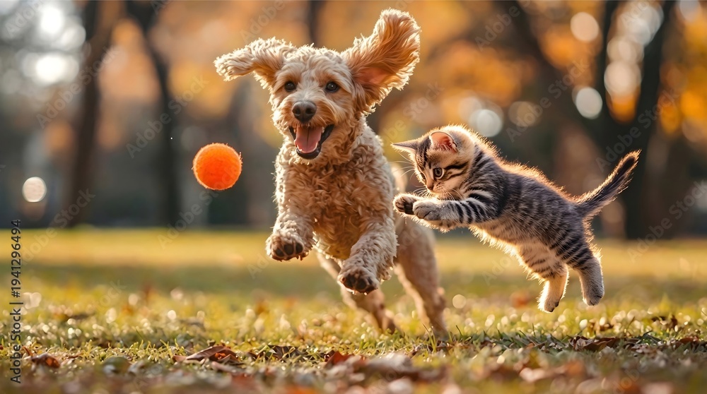 Obraz premium dog running on the road Playful Kitten Chasing Toy Ball with Poodle Puppy in Autumn Park