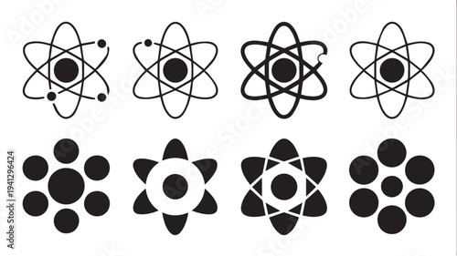 Atom Symbols in Various Styles and Designs in Black on White Background for Scientific Illustration