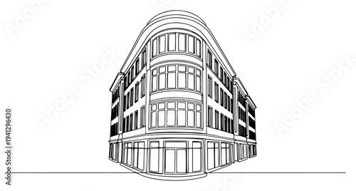 Minimalist line art illustration of a modern corner building with rounded architecture