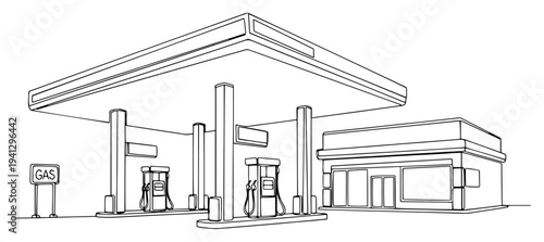 Clean line art vector illustration of a modern gas station with fuel pumps and service store
