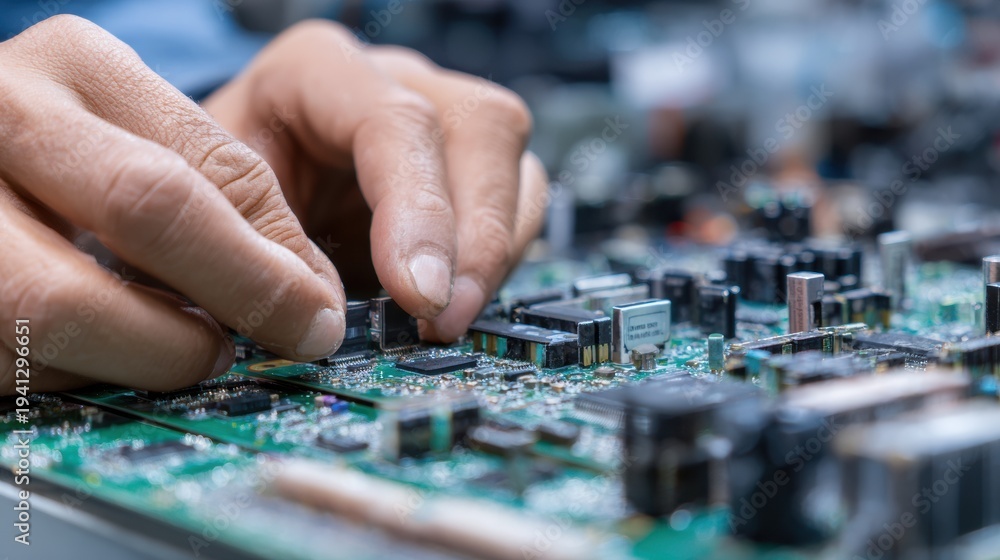 Fototapeta premium Precision Electronics Change Management Process with Hands In Action