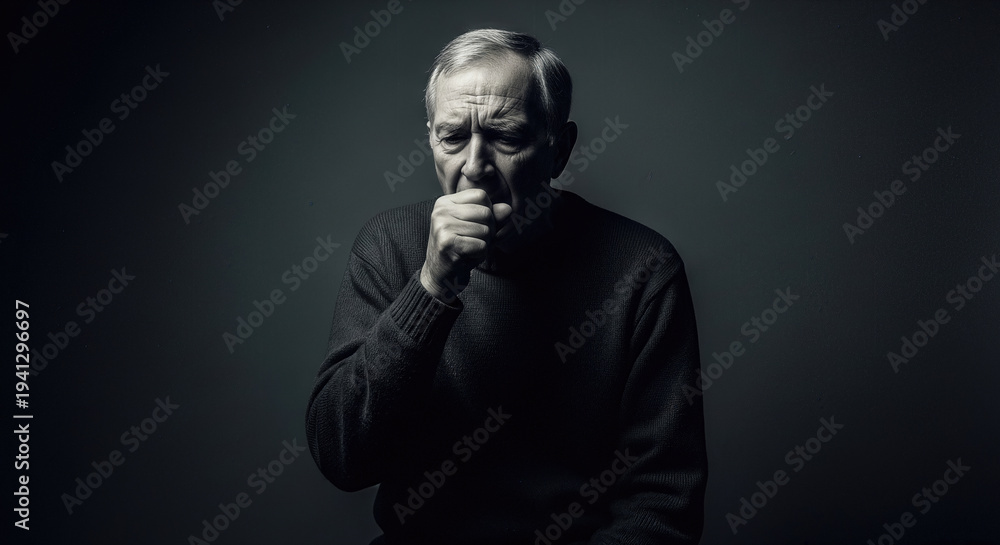 Obraz premium Senior man in dark sweater coughing and covering mouth with fist against black background symbolizing health problems respiratory illness or flu virus symptoms