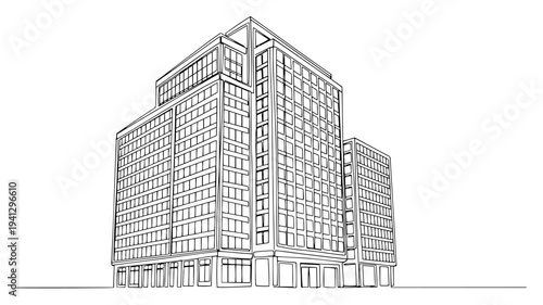 Modern skyscraper office building complex in minimalist line art style