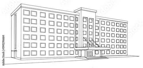Large institutional building facade with grid windows in minimalist line art style