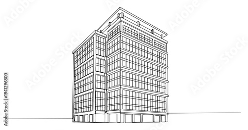 Modern multi story office building architectural exterior line art illustration