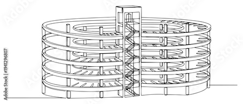 Multi story circular parking garage with spiral ramp in vector line art