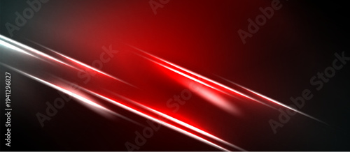 Abstract red lines shine against dark background. Diagonal streaks create dynamic visual effect. Brightness contrasts sharply with shadows.