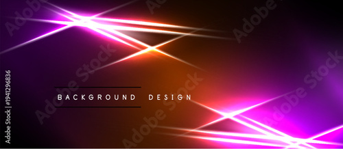 Abstract neon lines intersect over dark background. Vivid purple, orange hues create dynamic visual effect. Modern design element.