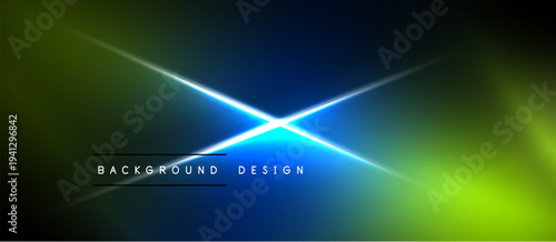 Abstract background features vibrant green, blue gradients. Bright light streaks intersect center. Text reads background design. Dark edges frame composition.