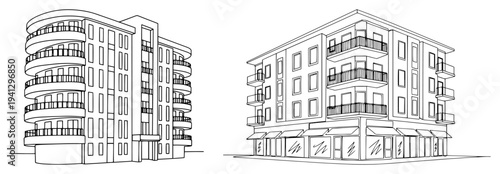 Set of modern residential apartment buildings architectural vector line art
