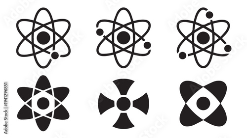 Atom Symbols in Various Styles and Designs on White Background for Science Education