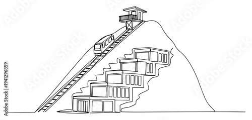 Funicular railway and terraced buildings on a hillside vector line art