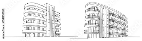 Modern residential apartment building with curved balconies in minimalist line art style
