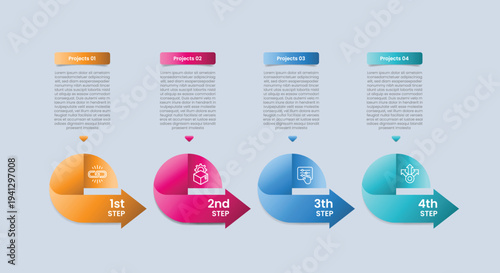 Arrow base infographic with glossy gradient style with smooth curve arrow on right direction with 4 segment point information