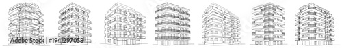 Collection of seven modern residential apartment building blocks in perspective line art