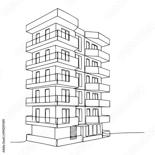 Modern multi story apartment building with prominent balconies architectural line art