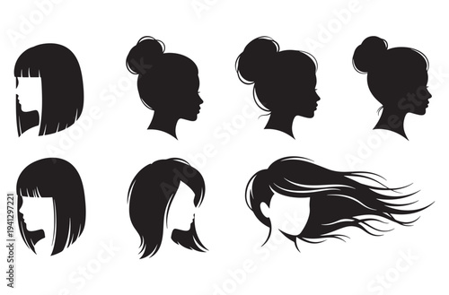 Set of diverse female head and hair silhouettes featuring various styles from short bobs to long flowing locks and elegant updos