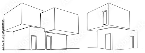Minimalist modular house design with stacked cuboid blocks in vector line art style