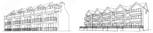 Modern terraced residential houses with balconies in minimalist vector line art