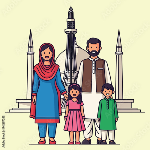 Happy Muslim family standing in front of Minar e Pakistan landmark monument in Lahore