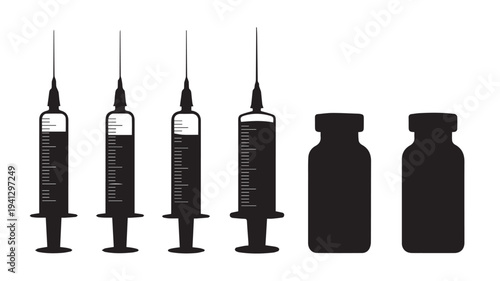 Medical Syringes and Vials in Simple Silhouette Design on White Background for Healthcare Illustration