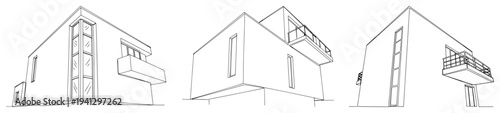 Set of minimalist modern house architecture designs in clean line art style