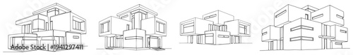 Set of modern modular architecture designs with cubic shapes in minimalist line art style