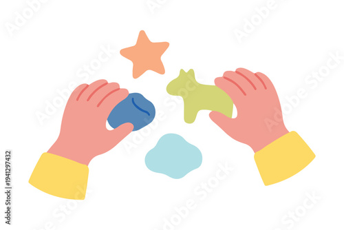 Kids Hands Playing with Modeling Clay, Creative Dough Sculpting Clipart, Montessori Sensory Play Vector Set