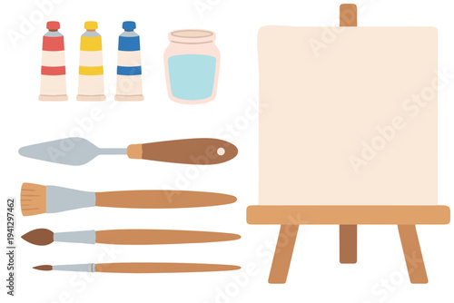 Professional Painting Tools and Easel Set, Art Studio Equipment Clipart, Canvas and Brushes Vector Illustration
