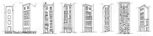 Collection of various narrow urban townhouse building facades in minimalist line art