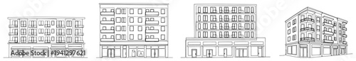 Set of modern commercial residential building elevations in architectural vector line art