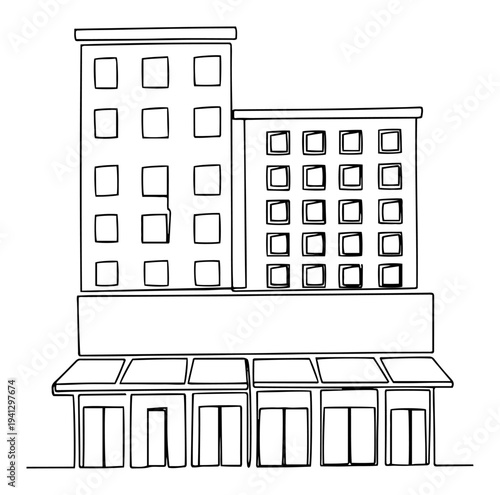 Modern urban commercial building with storefront awnings in minimalist line art illustration