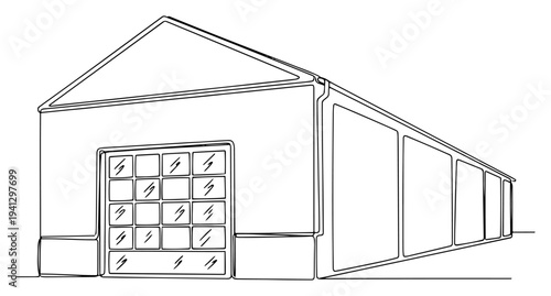 Long industrial warehouse building with large garage door in perspective line art