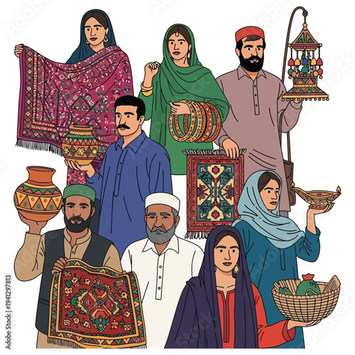 Group of diverse Pakistani people showcasing traditional crafts and goods including pottery, rugs, and shawls