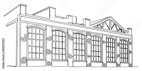 Historic industrial factory facade with large arched windows in line art style