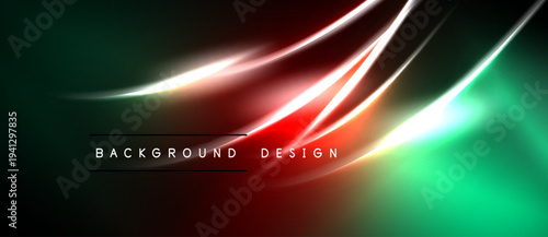Abstract neon lines create dynamic background. Red, green hues blend with dark shadows, modern design element.